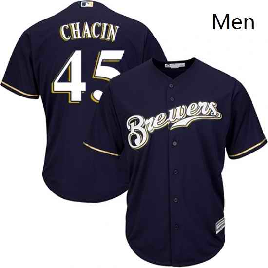 Mens Majestic Milwaukee Brewers 45 Jhoulys Chacin Replica Navy Blue Alternate Cool Base MLB Jersey
